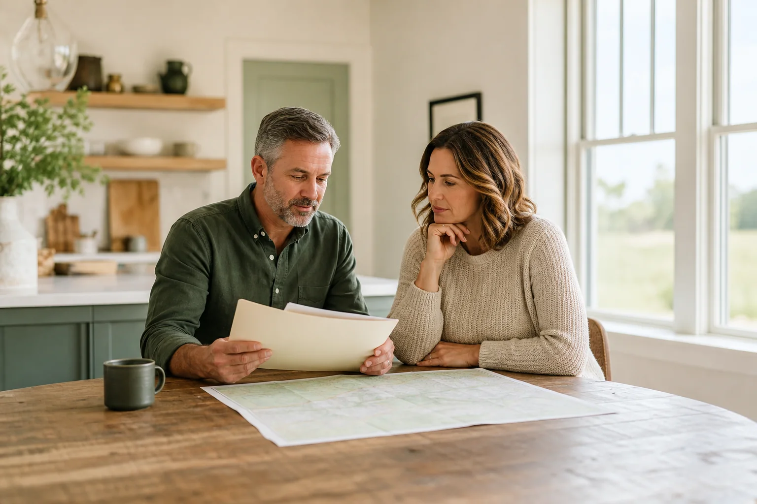 Adult family members calmly reviewing inherited land information together